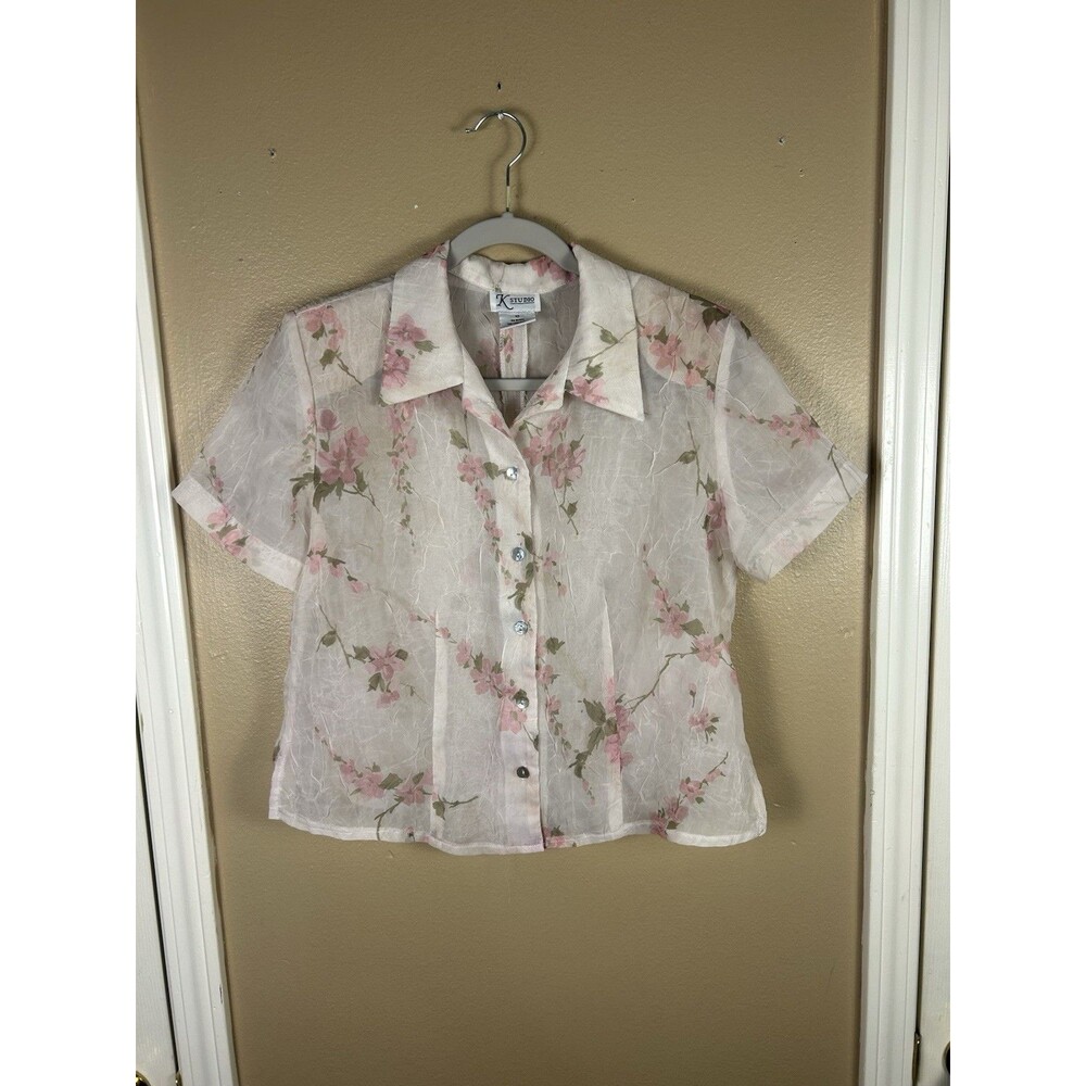 K Studio Sheer Fairycore Cottagecore Floral Collared Open Back Button Crinkle 10